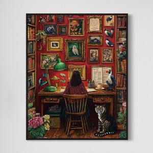 Das Arbeitszimmer - Fine Art Print, Giclée, Giclée-Druck, Originalkunstwerk, wunderliche Kunst, Die hübsche Pinselstriche, Hundekunst, Bibliotheksdekor, Tierkunst