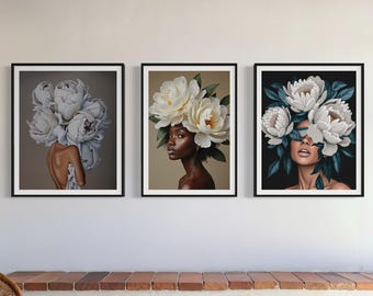 Schwarze Frau Floral Kunstdruck Set: Botanische Schleier Kollektion (Digitaler Download)