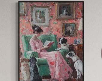 Books and Dogs Art Print, Giclée Print: Whimsical Cottage decor Animal Wall