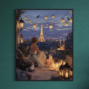 Evening in the City of Light, Paris,  - Fine Art Print, Giclée, Giclée Print, Original Art, Whimsical Art, Dog Art, Office Decor, Animal Art