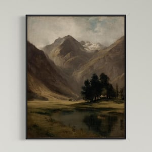 Vintage Kunst gerahmt, Vintage Berge Malerei, antike Replik Malerei, verzierten schwarzen gerahmten, Weinlesetrend Wanddekor, Bauernhausdekor
