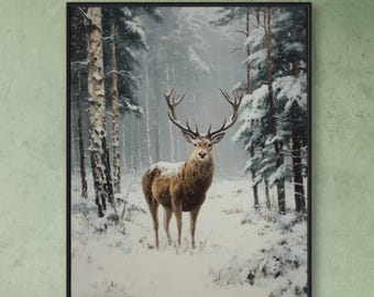 Framed Deer Art Print: Vintage French Style Woodland Canvas Print Painting