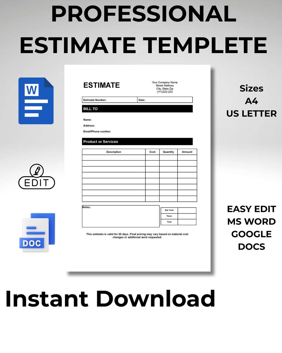 Estimate Template | Editable Estimate Form | Google Docs + DOCX | Small ...