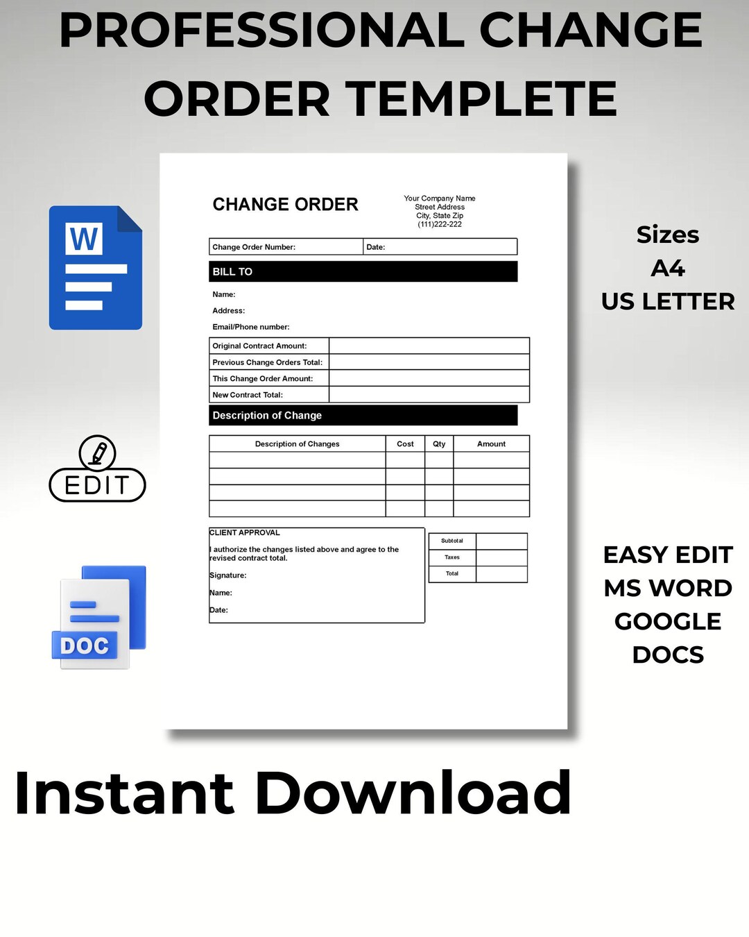 Change Order Template | Editable Form | Google Docs + DOCX |A4 + Letter ...