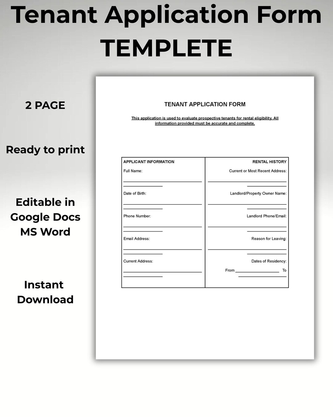 Tenant Application Form | Rental Application | Editable Template - Etsy