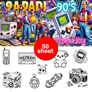 90&#39;s Themed Coloring Pages for Adults and Kids! 90&#39;s Coloring Book, Fun for 90s themed Birthday Parties! Digital Download PDF. Print at Home
