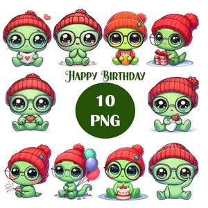 happy dirthday green alien Clipart, DIGITAL DOWNLOAD, Cute Watercolor, Baby Shower Clip Art, Nursery Commercial Use PNG
