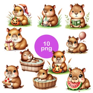 süßes Capybara Clipart, DIGITAL DOWNLOAD, süßes Aquarell, Baby Shower Clip Art, Kindergarten kommerzielle Nutzung PNG, Sommer, Festival