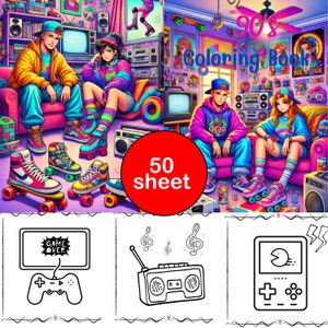 90&#39;s Themed Coloring Pages for Adults and Kids! 90&#39;s Coloring Book, Fun for 90s themed Birthday Parties! Digital Download PDF. Print at Home