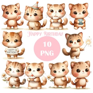 happy dirthday cat Clipart, DIGITAL DOWNLOAD, Cute Watercolor, Baby Shower Clip Art, Nursery Commercial Use PNG