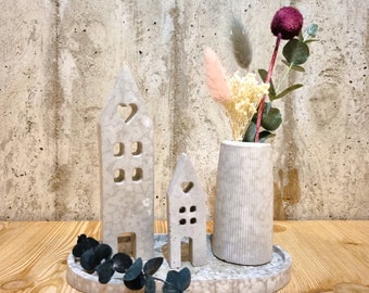 Blumenvase/Beton/Häuser/4er-Set/Tablet/Tischdeko/handmade/ Trockenblumen/Flower/haltbar/Wohndeko