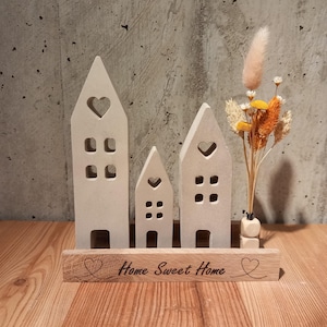 3er-Set Beton Häuser mit Trockenblumen in Holzklötzchen Deko/handmade/Flower/haltbar/Wohndeko/Holzklötzchen/Eiche