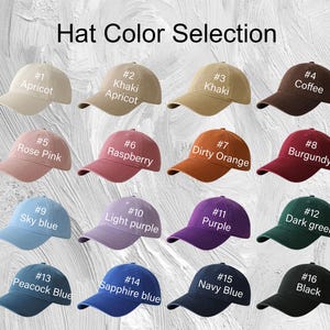 May include: A selection of baseball caps in various colors, including apricot, khaki, coffee, rose pink, raspberry, dirty orange, burgundy, sky blue, light purple, peacock blue, sapphire blue, navy blue, dark green, and black. Each cap is labeled with a number and color name.
