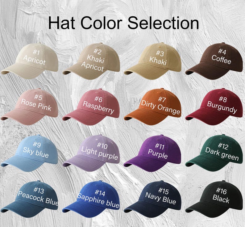 May include: A selection of baseball caps in various colors, including apricot, khaki, coffee, rose pink, raspberry, dirty orange, burgundy, sky blue, light purple, peacock blue, sapphire blue, navy blue, dark green, and black. Each cap is labeled with a number and color name.