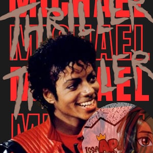May include: A graphic featuring Michael Jackson smiling, wearing a red jacket, with the words "MICHAEL THRILLER" in red and brown text. A circular design with the text "Issa Creation" and a cartoon image is in the foreground.