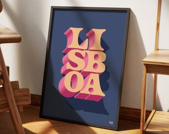 Lisboa – Original Lisbon Wall Art, Typography Poster Print – Blue/Cream/Pink