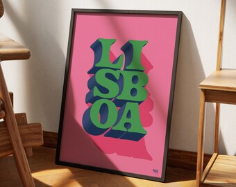 Lisboa – Original Lisbon Wall Art, Typography Poster Print – Pink/Green/Blue