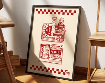 Fish & Fire Art Print: Modern Illustration Poster, Red
