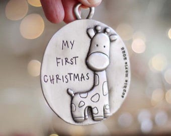 My First Christmas Giraffe Ornament Personalized Pewter Baby Christmas Keepsake by Lisa Leonard Designs