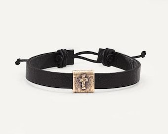Equitable Cross Leather Bracelet Black Latigo Brass Bead Adjustable Christian Gift for Him by Lisa Leonard Designs