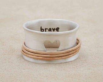 Sterling Silver & Brass Brave Love Spinner Ring, Custom Jewelry Rings For Women Handmade Jewelry Gift For Her