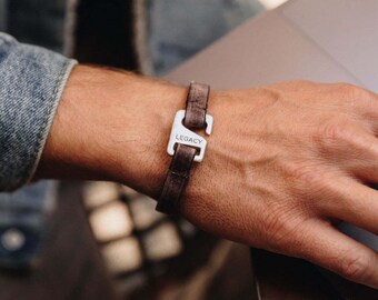 Connection Bracelet with Metal Clasp in Black/Brown Leather Strap by Lisa Leonard Designs