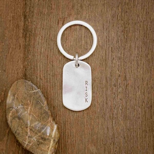 May include: A silver-colored metal keychain with a rectangular tag. The word "RISK" is vertically stamped on the tag. The keychain is attached to a large circular ring. The background is a wooden surface.