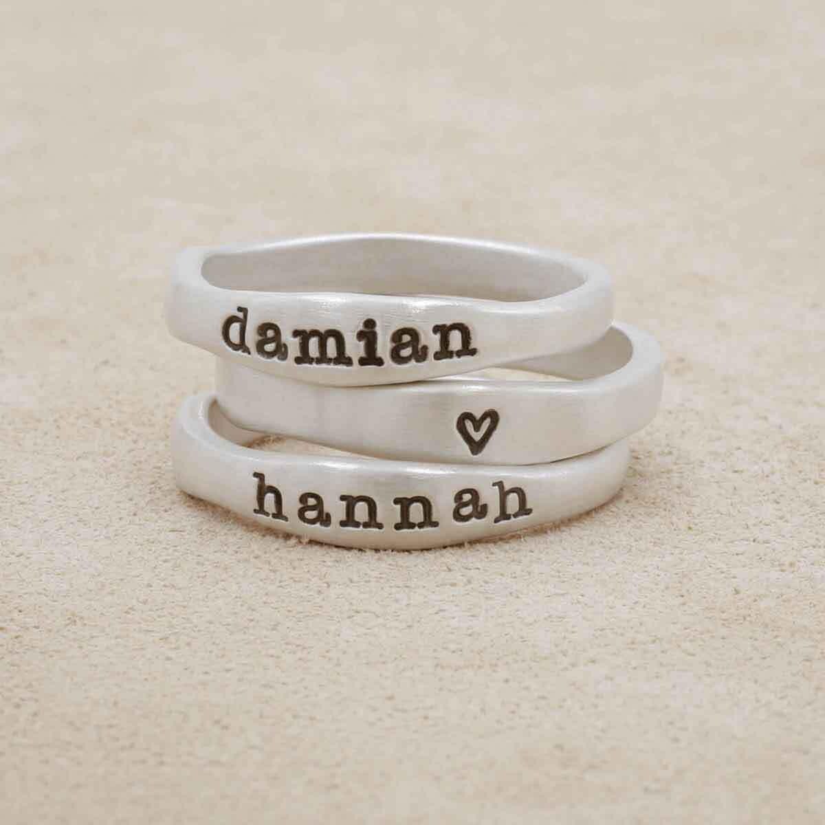 Sterling Silver Stacking Name Ring Trio by Lisa Leonard Designs Personalized Couple Name and Date Wedding Ring Engraved Silver Family Ring