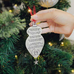 Pewter “Babe in a Manger” Ornament – Hand‑Stamped Christmas Poem on 5″ Shape with Star & Ribbon Keepsake Holiday by Lisa Leonard Designs