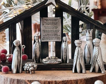 Handcrafted Pewter Nativity Scene “A Savior Is Born” Miniature Poem Decoration by Lisa Leonard Designs