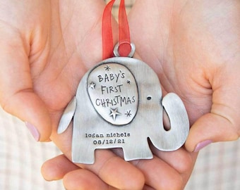 Personalized Pewter Baby’s First Christmas Ornament Elephant Keepsake Family Decoration by Lisa Leonard Designs