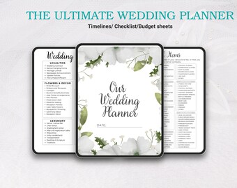 May include: A white and green floral design on a white background with the text "Our Wedding Planner" and "Date:" on a printable wedding planner checklist.