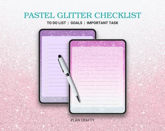May include: Two pastel pink and purple glitter checklist printable sheets with a white pen. The text at the top reads "PASTEL GLITTER CHECKLIST TO DO LIST | GOALS | IMPORTANT TASK" and the bottom reads "PLAN CRAFTY".