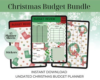 Peut inclure: Un ensemble numérique de budget de Noël avec trois tablettes affichant des feuilles de planification. Les tablettes présentent une palette de couleurs rouge et verte avec des graphiques de bas de Noël et de couronnes. Le texte comprend "Budget Review", "Financial Calendar", "15 Planner Sheets" et "Stickers".