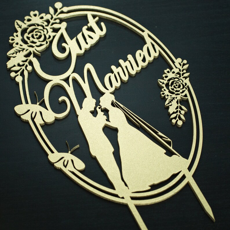Gold Glitter Just Married Cake Topper - Wedding Engagement Bridal Shower Cake Decor