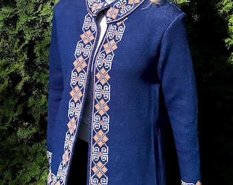 Cardigan bordado feito à mão, suéter de malha estilo folclórico eslavo, jaqueta tradicional azul com padrão nórdico, agasalho quente feito à mão para presente