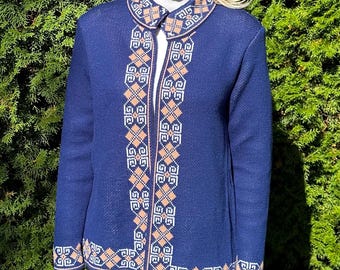 Eegant Boho Style Open Jacket, Womens Jacket with Ukrainian Embroidery Designs, Dark Blue Сotton Ethnic Blazer, Birthday Gift for Wife