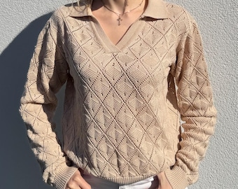 Handmade Cotton Knit with Long Sleeve | Women’s Beige Pullover | Lightweight Knit Top | Textured Knit Long Sleeve | Elegant Gift for Her