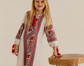 Girls White Ukrainian Dress With Embroidery, Boho Folk Outfit For Kids, Traditional Ethnic Costume, Cultural Gift Idea For Young Daughter