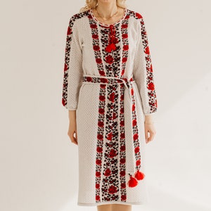 Boho Summer Dress, Women's Vyshyvanka Dress, Plus Size Ukrainian Clothing, White & Red Embroidered Floral Dress, Handmade Gift for Mom