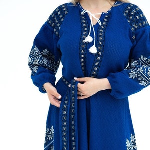 Long Sleeve Boho Folk Dress for Women, Blue Embroidered Midi Dress with Belt, Traditional Ethnic Outfit, Ukrainian Style Summer Wear