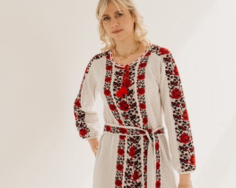 Ukrainian Vyshyvanka Dress For Women, White Embroidered Folk Dress With Belt, Red Floral Long Sleeve Outfit, Traditional Ethnic Style