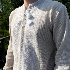 Beige Cotton Vyshyvanka for Men, Long Sleeve Embroidered Shirt, Traditional Ukrainian Boho Style, Handmade Ethnic Gift for Father