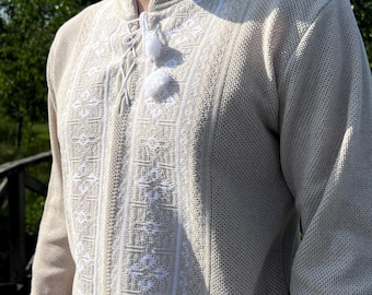 Beige Cotton Vyshyvanka for Men, Long Sleeve Embroidered Shirt, Traditional Ukrainian Boho Style, Handmade Ethnic Gift for Father