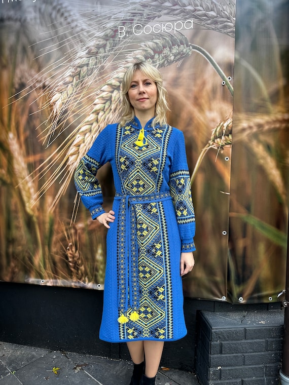 Blue and Yellow Embroidered Vyshyvanka Dress with Cardigan, Long Sleeve Belted Ukrainian Ethno Clothing for Women, Ethnic Dress Gift for Her Blue and Yellow Embroidered Vyshyvanka Dress with Cardigan, Long Sleeve Belted Ukrainian Ethno Clothing for Women, Ethnic Dress Gift for Her