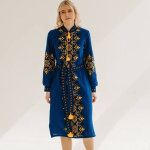 Women&#39;s Embroidered Dress in Blue & Yellow, Long Sleeve Boho Summer Dress, Traditional Vyshyvanka Dress for Women, Ethinc Ukrainian Clothing