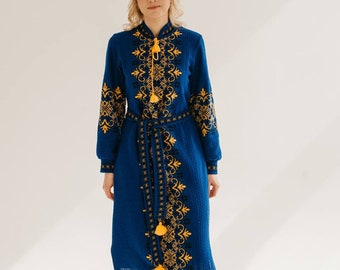 Women's embroidered knitted dress in blue and yellow colors,Boho Summer Dress, Summer Vyshyvanka