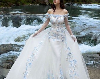 Unique Mermaid Off-Shoulder Blue Lace Wedding Dress Detachable Overskirt,Nontraditional Bridal Gown, Boho Coloured Wedding Dress, Boho Bride