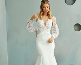 Delicado vestido de novia boho de encaje con hombros descubiertos, vestido de novia único, vestido de novia de encaje de sirena boho, novia boho, vestido de novia no tradicional