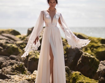 Unique Wide Bell Sleeves Flowy Chiffon Boho Wedding Dress, Beach Boho Bridal Gown, Plus Size Bohemian Gown,Boho Bride, Outdoor Wedding